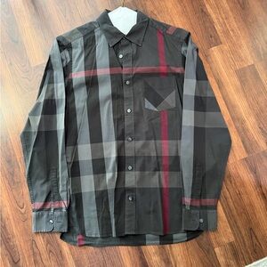 Burberry Black and Gray Plaid Button-Up Shirt with Burgundy Accents